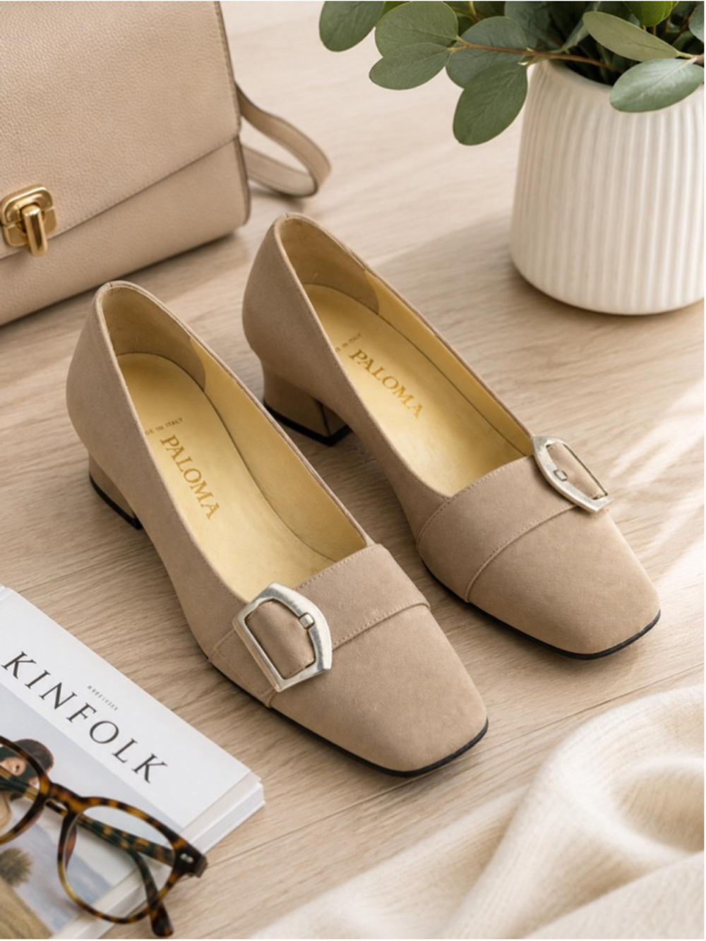 Paloma Italy Beige Fabric Buckle Pumps Low Heel Square Toe Shoes Women’s 6.5B